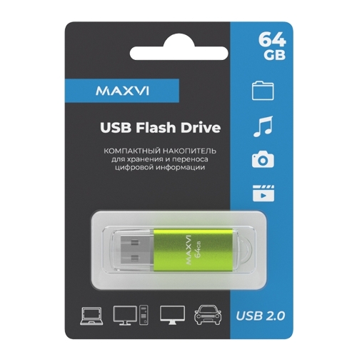 Флешка USB Maxvi MP green (FD64GbUSB20C10MP), 64Gb, USB 2.0, R/W 15/5, зеленый