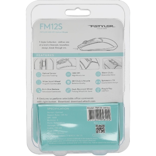 Мышь проводная A4Tech Fstyler FM12S белый, 1200 dpi, USB, кнопки - 3