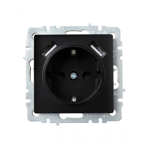 Розетка 1-местная IEK BRITE РЮш10-1-БрЧ (BR-R14-16-U21-D21-K02) 16А, с USB A+A 2.1А, с заземлением с защитными шторками, черный