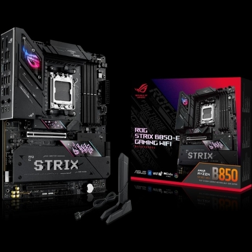 Материнская плата ASUS ROG STRIX B850-E GAMING WIFI, AM5, AMD B850, 4xDDR5, 4xSATA, 5xM.2, 1xPCI-E 5.0 x16, 1xPCI-E 4.0 x16, 1xRealtek 5Gb Ethernet, 1xUSB-C 4, 1xUSB-C 20Gbps, 6xUSB-A 10Gbps, 4xUSB-A 2.0, 3x3.5 мм, 7.1, ATX