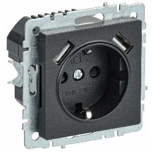 Розетка 1-местная IEK BRITE РЮш10-1-БрЧ (BR-R14-16-U21-D21-K02) 16А, с USB A+A 2.1А, с заземлением с защитными шторками, черный