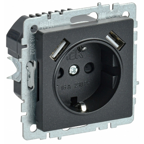 Розетка 1-местная IEK BRITE РЮш10-1-БрЧ (BR-R14-16-U21-D21-K02) 16А, с USB A+A 2.1А, с заземлением с защитными шторками, черный