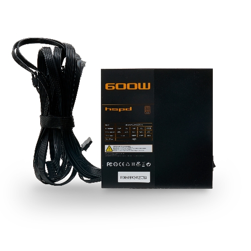 Блок питания Power Supply HSPD, 600W 80 PLUS Bronze (ATX, 2.31, Semi-modular, 1x24(20+4)pin 550мм, 1xCPU*2 8(4+4)pin 600+150мм, 1xPCIe*2 8(6+2)pin 500+150мм, 2xSATA*3 400+150+150мм, 1xMOLEX4pin*3+FDD 400+150+150+150мм, Active, 120x120мм, 150x140x86мм, APFC, OVP, UVP, SCP, OPP, OCP, OTP, черный)