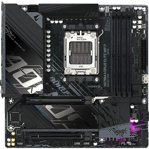 Материнская плата Gigabyte X870M AORUS ELITE WIFI7, AM5, AMD X870, 4xDDR5, 4xSATA, 4xM.2, 1xPCIe 5.0 x16, 1xPCIe 4.0 x4, 1xPCIe 3.0 x2, 1xHDMI, 2xUSB Type-C, 1x2.5Gb LAN, Wi-Fi 7, Bluetooth 5.4, 2xUSB-C USB4, 2xUSB-A 10Gbps, 4xUSB-A 5Gbps, 4xUSB-A 2.0, S/PDIF, 2x3.5 мм, 7.1, mATX