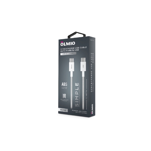 Кабель OLMIO SIMPLE, Type-C - Type-C, 60W 3A, 1.2м, тканевая оплетка, белый