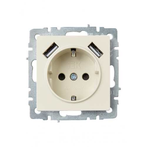 Розетка 1-местная IEK BRITE РЮш10-1-БрКр 16А, с USB A+A 2.1А, с заземлением с защитными шторками, бежевый