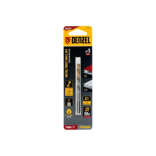 Сверло спиральное по металлу Denzel 5 x 86мм, Р6М5, Golden Tip