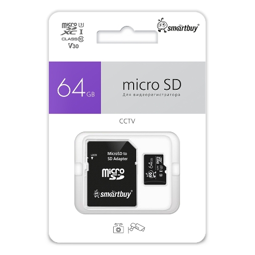 Флеш карта Smartbuy (SB64GbSDCCTV) micro SDXC 064Gb cl10 U3 V30 + адаптер