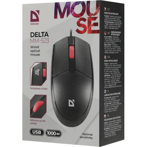 Мышь проводная Defender Delta MM-523 черный, 1000 dpi, USB, кнопки - 3
