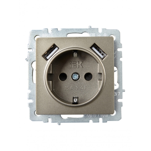 Розетка 1-местная IEK BRITE РЮш10-1-БрШ (BR-R14-16-U21-D21-K37) 16А, с USB A+A 2.1А, с заземлением, с защитными шторками, шампань