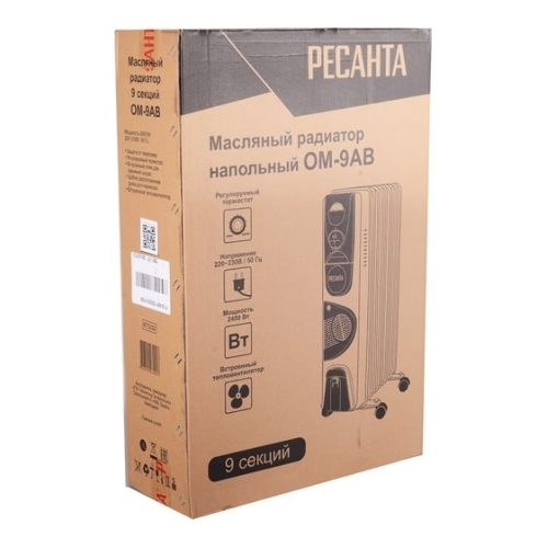 Масляный обогреватель Ресанта ОМ-9АВ (9 секций) белый, 2400 Вт, 30 м2, термостат 67/3/22