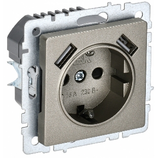 Розетка 1-местная IEK BRITE РЮш10-1-БрШ (BR-R14-16-U21-D21-K37) 16А, с USB A+A 2.1А, с заземлением, с защитными шторками, шампань