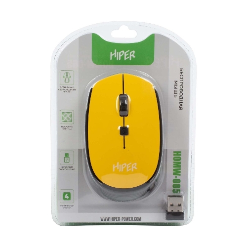 Мышь беспроводная HIPER HOMW-085 желтый, 1600 dpi, радиоканал, USB, кнопки - 4
