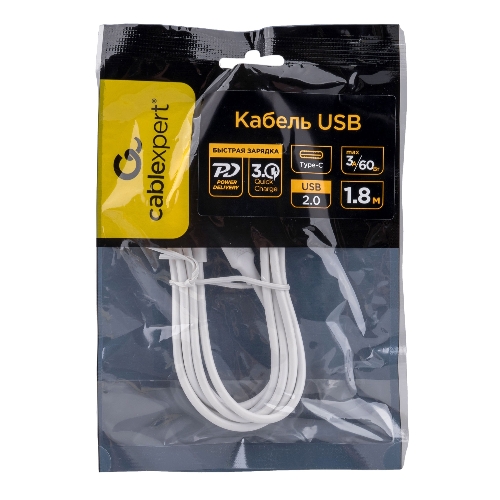 Кабель USB2.0 Cablexpert CC-USB2-CMCM-60-1.8M-W, Type-C/Type-C, 3A, 60Вт, PD/QC3.0, медь, 1.8м, белый, пакет