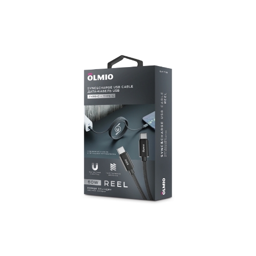 Кабель OLMIO REEL, Type-C - Type-C, 60W 3A, 1.2м, тканевая оплетка, черный