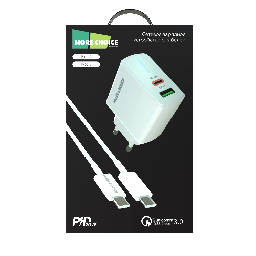 Сетевое зарядное устройство MORE CHOICE NC61a белый - 1USB+1USB-C 3.0A PD 20W+QC3.0 быстрая зарядка для Type-C