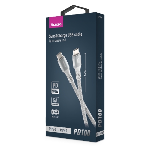 Кабель OLMIO PD100, Type-C - Type-C, PD 100W, USB2.0, 1.2м, тканевая оплетка, белый