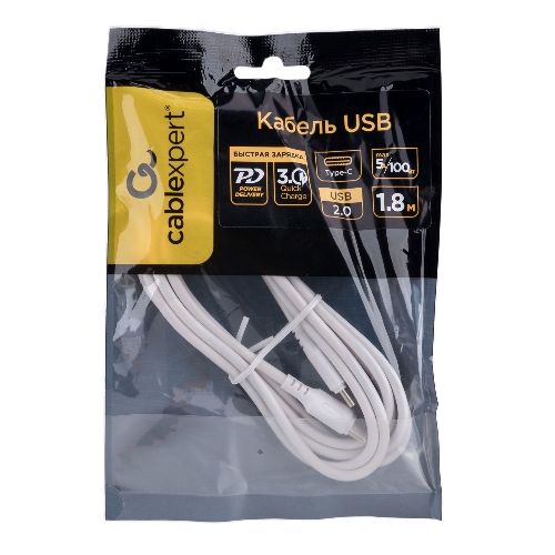 Кабель USB2.0 Cablexpert CC-USB2-CMCM-100-1.8M-W, Type-C/Type-C, 5A, 100Вт, PD/QC3.0, медь, 1.8м, белый, пакет