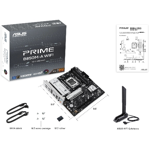 Материнская плата ASUS PRIME B850M-A WIFI, AM5, AMD B850, 4xDDR5, 4xSATA, 3xM.2, 1xPCIe 5.0 x16, 1xPCIe 4.0 x16, 1xHDMI, 2xDP, 1x2.5Gb LAN, Wi-Fi 6E, Bluetooth 5.3, 2xUSB-A 10Gbps, 2xUSB-A 5Gbps, 4xUSB-A 2.0, 3x3.5 мм, 7.1, mATX