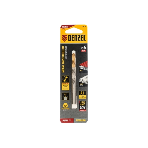 Сверло спиральное по металлу Denzel 6 x 93мм, Р6М5, Golden Tip