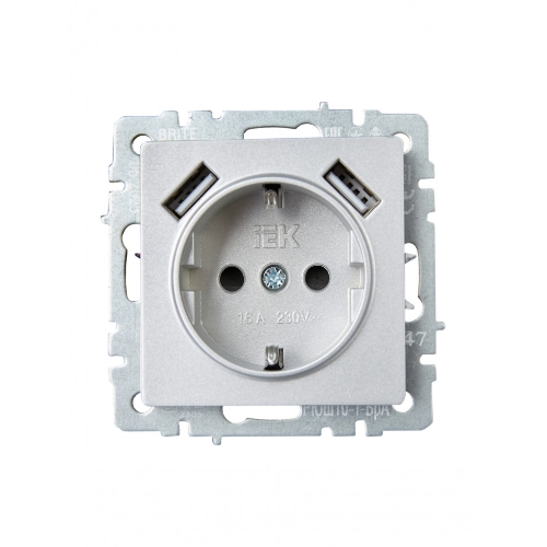 Розетка 1-местная IEK BRITE РЮш10-1-БрА (BR-R14-16-U21-D21-K47) с заземлением, с защитными шторками, 16А, с USB A+A 5В 2,1А, алюминий