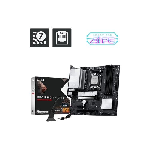 Материнская плата MSI PRO B850M-A WIFI, AM5, AMD B850, 4xDDR5, 4xSATA, 2xM.2, 1xPCIe 5.0 x16, 1xPCIe 4.0 x4, 1xPCIe 3.0 x1, 1xDP, 1xHDMI, 1x5Gb LAN, Wi-Fi 7, Bluetooth 5.4, 2xUSB-C 10Gbps, 3xUSB-A 10Gbps, 3xUSB-A 5Gbps, 4xUSB-A 2.0, 3x3.5 мм, 7.1, mATX