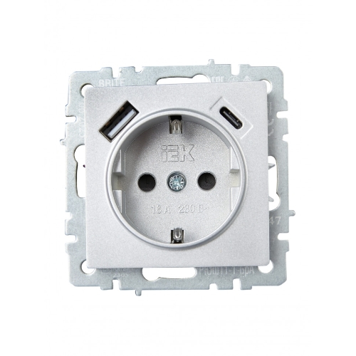 Розетка 1-местная IEK BRITE РЮш11-1-БрА (BR-R14-16-U22-018-K47) с заземлением, с защитными шторками, 16А, с USB A+C 18 Вт, алюминий