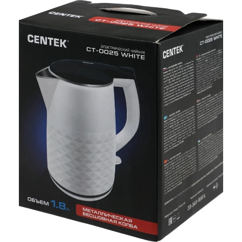Чайник электрический Centek CT-0025 белый, металл 1.8 л, 2000 Вт, двойные стенки, кнопка вк л, на ручке