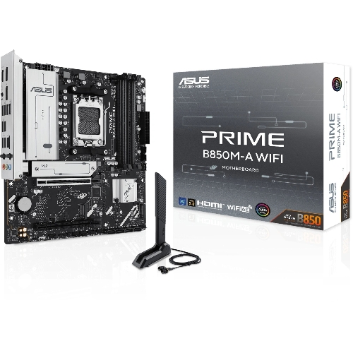 Материнская плата ASUS PRIME B850M-A WIFI, AM5, AMD B850, 4xDDR5, 4xSATA, 3xM.2, 1xPCIe 5.0 x16, 1xPCIe 4.0 x16, 1xHDMI, 2xDP, 1x2.5Gb LAN, Wi-Fi 6E, Bluetooth 5.3, 2xUSB-A 10Gbps, 2xUSB-A 5Gbps, 4xUSB-A 2.0, 3x3.5 мм, 7.1, mATX