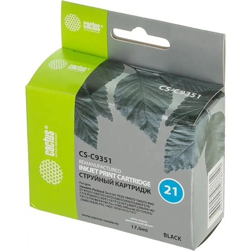 Картридж струйный Cactus CS-C9351 №21 черный (17 мл) для HP DJ 3920/3940/D1360/D1460/D1470/D1560/D2330/D2360/D2430/D2460/F370/F375/F380/F2180/F2187/F2224/F2280/F2290/F4140/F4172/F4180/F4190