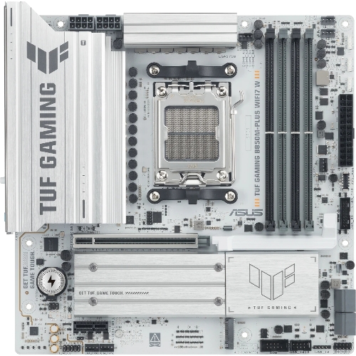 Материнская плата Asus TUF GAMING B850M-PLUS WIFI7 W, AM5, AMD B850, 4xDDR5, 4xSATA, 3xM.2, 1xPCIe 5.0 x16, 1xPCIe 3.0 x1, 1xDP, 1xHDMI, 1x2.5Gb LAN, Wi-Fi 7, Bluetooth 5.4, 1xUSB-C 20Gbps, 3xUSB-A 10Gbps, 4xUSB-A 5Gbps, 4xUSB-A 2.0, 5x3.5 мм, 7.1, mATX