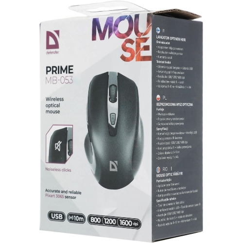 Мышь беспроводная Defender Prime MB-053 черный, 1600 dpi, радиоканал, USB, кнопки - 6