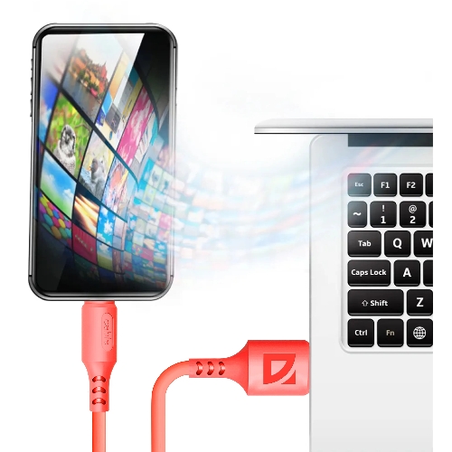 Кабель Defender F207, USB 2.0 (AM) - Apple Lightning (M), 1метр, 2.4А, силиконовая оплетка, красный.