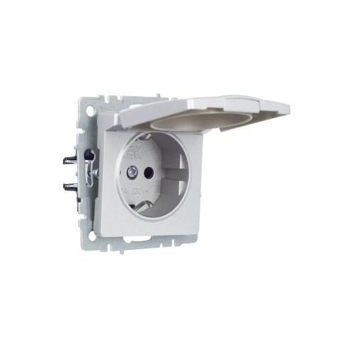 Розетка 1-местная IEK BRITE РСбш10-3-БрА (BR-R16-16-K47) с заземлением, с защитными шторками и крышкой, 16А IP20, алюминий