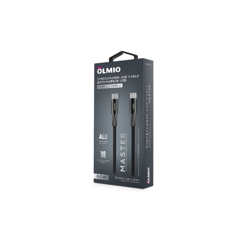 Кабель OLMIO MASTER, Type-C - Type-C, 60W 3A, 1.2м, тканевая оплетка, черный