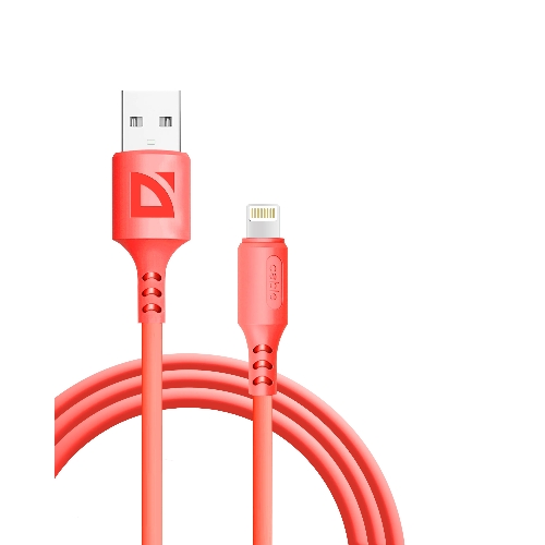 Кабель Defender F207, USB 2.0 (AM) - Apple Lightning (M), 1метр, 2.4А, силиконовая оплетка, красный.