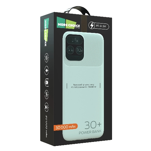 Портативный аккумулятор More choice (4620202550644) PB55-30 с кабелем 1USB 3.0A 22.5W PD - 30000mAh белый
