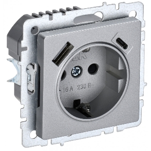 Розетка 1-местная IEK BRITE РЮш11-1-БрА (BR-R14-16-U22-018-K47) с заземлением, с защитными шторками, 16А, с USB A+C 18 Вт, алюминий