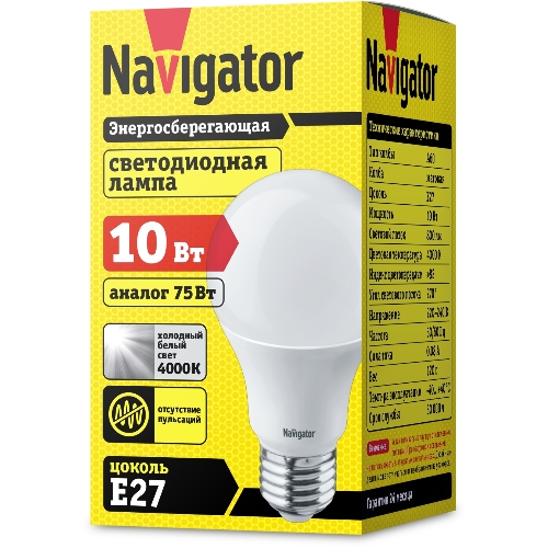 Лампа светодиодная Navigator NLL-A60-10-230-4K-E27 10 Вт грушевидная 4000К белый E27 820 лм 170-260В