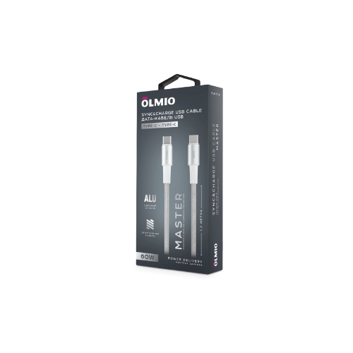 Кабель OLMIO MASTER, Type-C - Type-C, 60W 3A, 1.2м, тканевая оплетка, белый