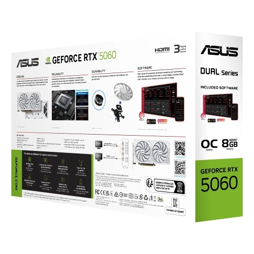 Видеокарта Asus GeForce RTX 5060 DUAL OC White, Nvidia RTX 5060, 8GB GDDR7, 128 bit, PCI-E 5.0, DPx3, HDMIx1, 2535 MHz