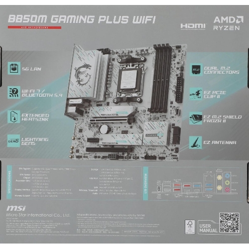Материнская плата MSI B850M GAMING PLUS WIFI, AM5, AMD B850, 4xDDR5, 4xSATA, 2xM.2, 1xPCIe 5.0 x16, 1xPCIe 4.0 x4, 1xPCIe 3.0 x1, 1xDP, 1xHDMI, 1x5Gb LAN, Wi-Fi 7, Bluetooth 5.4, 3xUSB-C 10Gbps, 3xUSB-A 10Gbps, 3xUSB-A 5Gbps, 3x3.5 мм, 7.1, mATX
