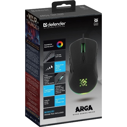 Мышь проводная Defender Arga GM-049 черный, 3600 dpi, USB, кнопки - 6