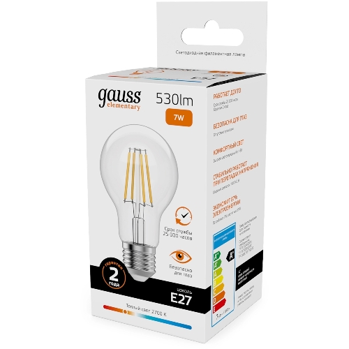 Лампа светодиодная филаментная Gauss Filament 7Вт цок.: E27 груша св. свеч. бел. теп. (упак.: 10 шт)