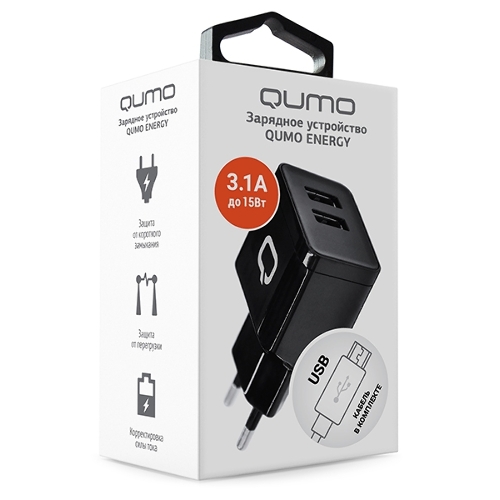 Сетевое зарядное устройство Qumo Energy (Charger 0062), 2 USB, 3.1A, Micro USB cable, черный