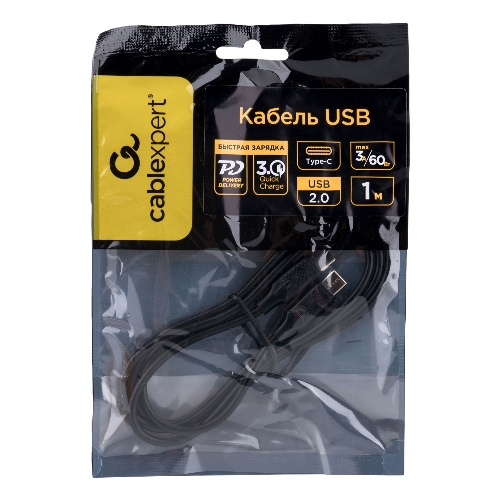 Кабель USB2.0 Cablexpert CC-USB2-CMCM-60-1M, Type-C/Type-C, 3A, 60Вт, PD/QC3.0, медь, 1м, черный, пакет
