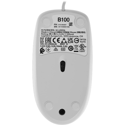 Мышь проводная Logitech B100 белый, 1000 dpi, USB, кнопки - 3
