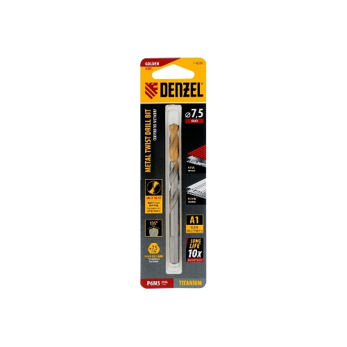 Сверло спиральное по металлу Denzel 7,5 x 109мм, Р6М5, Golden Tip