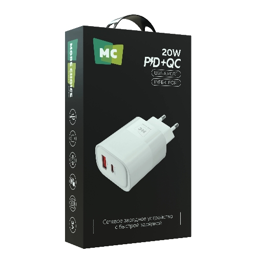 Сетевое зарядное устройство MORE CHOICE NC81 СЗУ 1USB+1Type-C 3.0A PD 20W+ QC3.0, белый
