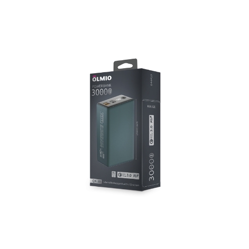 Портативный аккумулятор OLMIO QX-30, 30000mAh, 22.5W, QuickCharge3.0/PowerDelivery, LCD, темно-зеленый